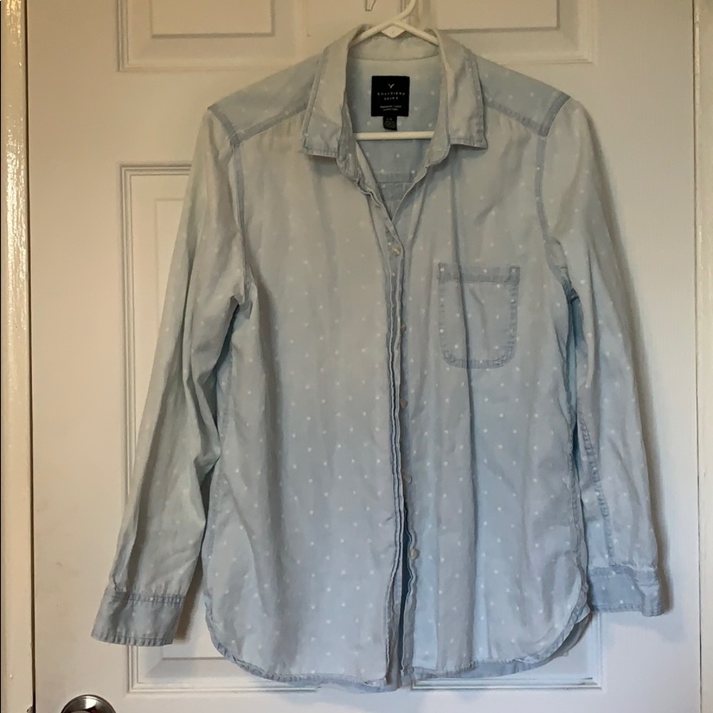 AEO Boyfriend Button Down Chambray Polka Dot Shirt
